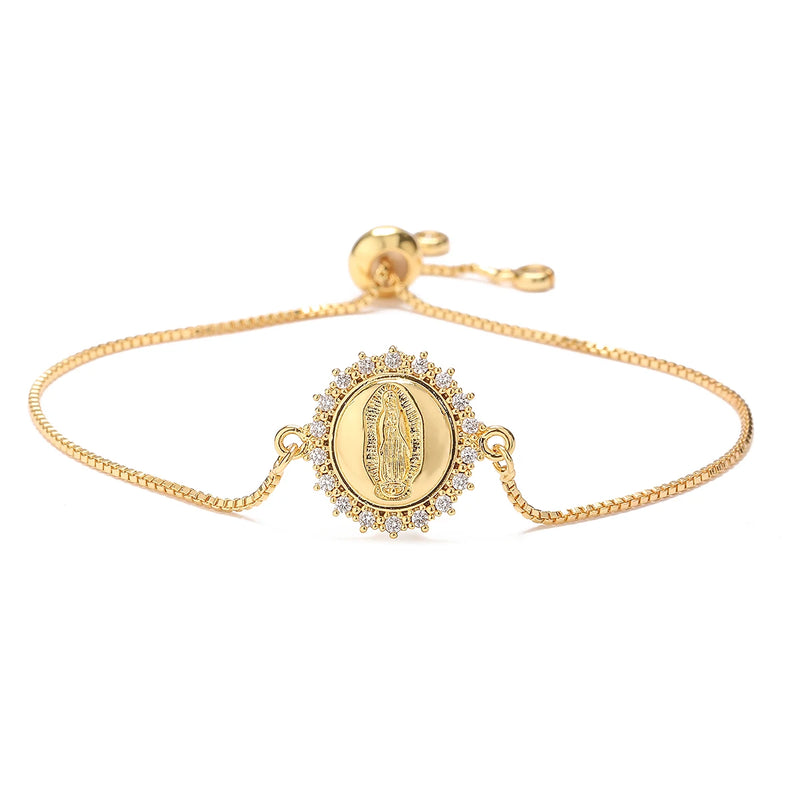 Gold Color Box Chain Virgin Mary Charm Bracelet