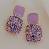 Purple Full Rhinestone Square Stud Earrings