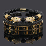 Black Stone Beads Leopard Head Bracelet