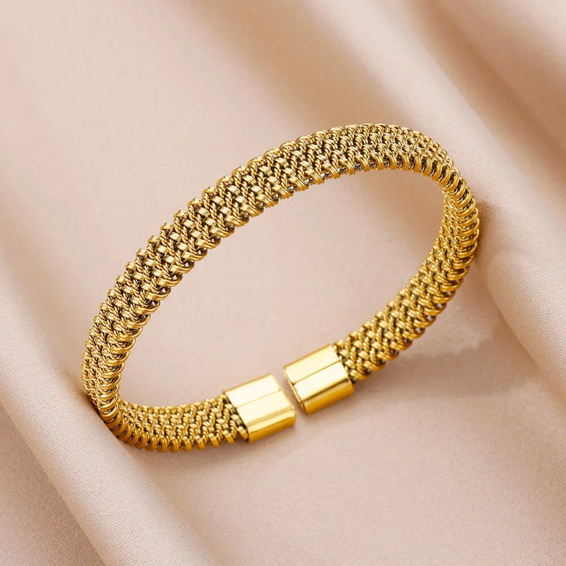 Knitted Stainless Steel Gold Color Cuff Bracelet