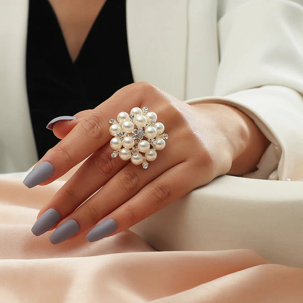 Elegant White Pearl Crystal Flower Ring