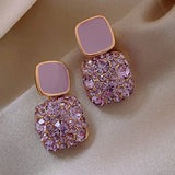 Purple Full Rhinestone Square Stud Earrings