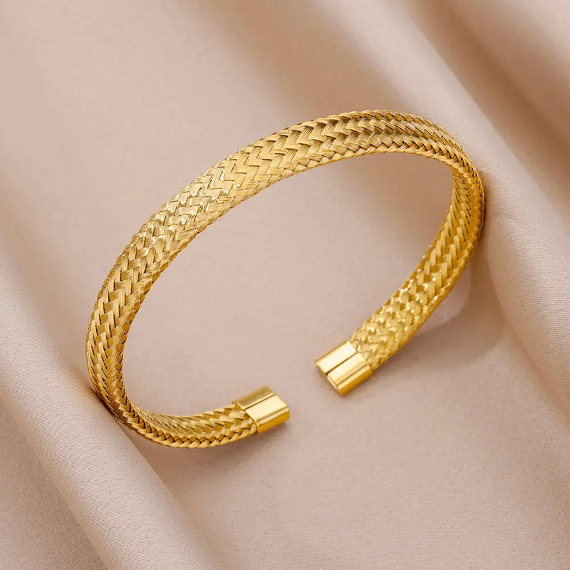 Knitted Stainless Steel Gold Color Cuff Bracelet