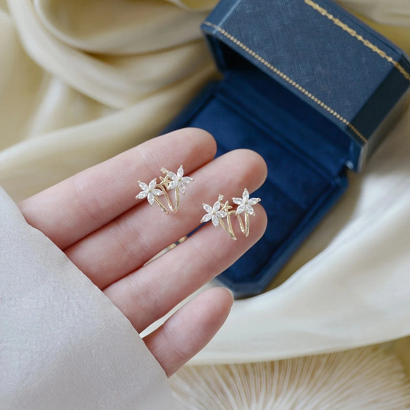 Zircon Flower Golden Ear Clips