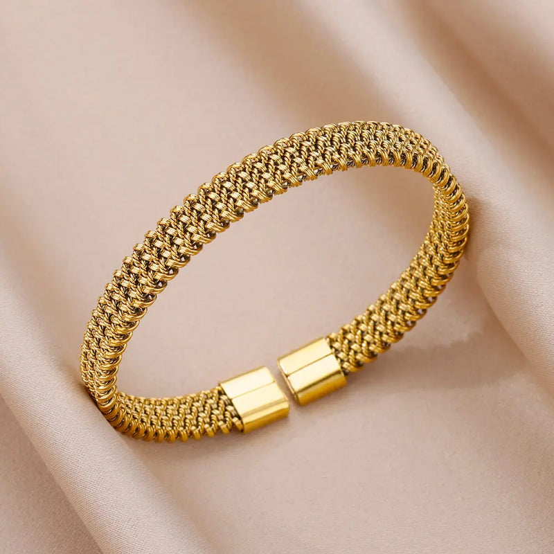 Knitted Stainless Steel Gold Color Cuff Bracelet