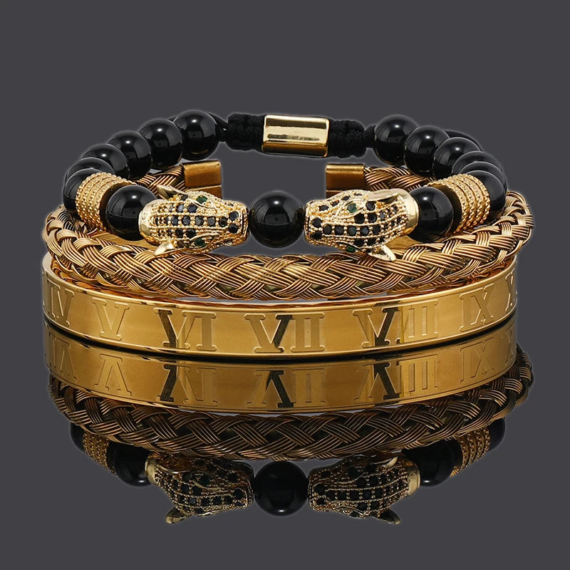 Black Stone Beads Leopard Head Bracelet