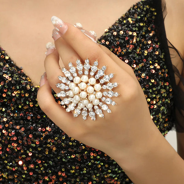 Elegant White Pearl Crystal Flower Ring